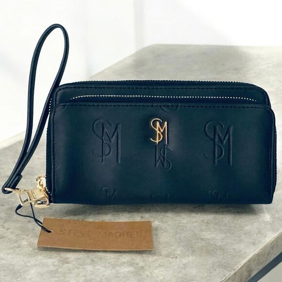 NWT Steve Madden Gorgeous BBENNI Black & Gold Zip All Around Wristlet Wallet - Picture 12 of 16